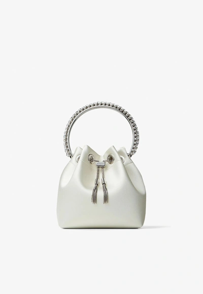 Jimmy Choo Bon Bon Crystal-embellished Satin Bucket Bag In Ivory