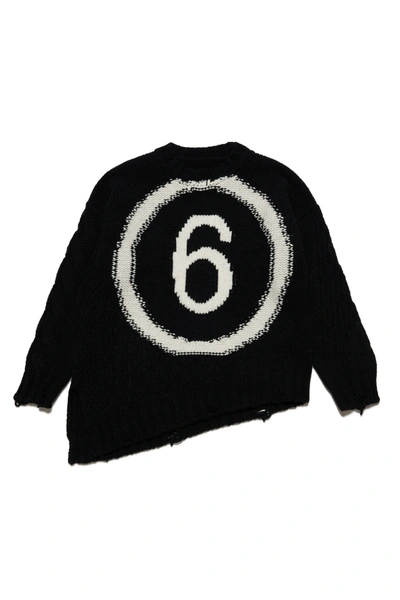 Mm6 Maison Margiela Kids' Wool-blend Crew-neck Sweater With Logo And Vintage Effect Breaks In Black