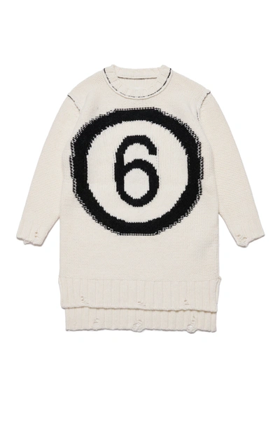 Mm6 Maison Margiela Kids' Wool-blend Maxi Sweater Dress With Logo And Vintage Effect Breaks In White
