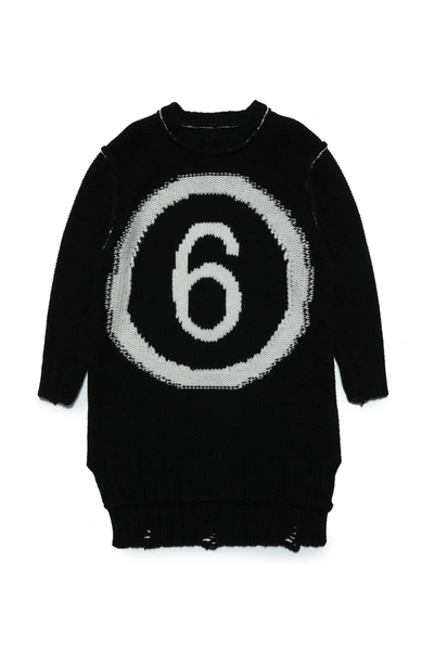 Mm6 Maison Margiela Kids' Wool-blend Maxi Sweater Dress With Logo And Vintage Effect Breaks In Black
