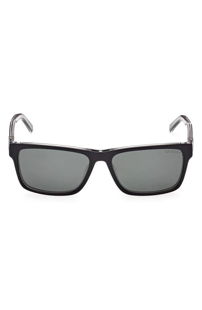Guess 55mm Polarized Rectangular Sunglasses In Shiny Black / Green