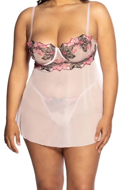 Oh La La Cheri Audra Embroidered Underwire Mesh Babydoll Chemise & G-string Set In Pink Tulle Embroidery