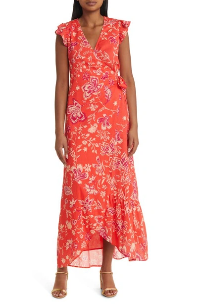 Du Paradis Floral Cotton Wrap Maxi Dress In Orange Lily