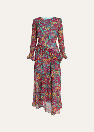 Saloni Jolene Floral Silk Long Ruffle Dress In Prairie Sky