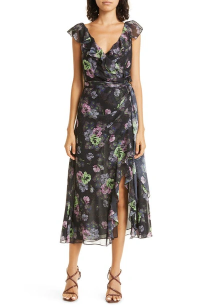 Cinq À Sept Laure Floral Chiffon Sash-tie Midi Dress In Midnight Multi