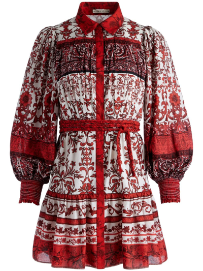 Alice And Olivia Tiffie Belted Long-sleeve Mini Shirtdress In Red