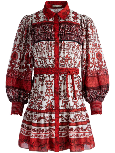 Alice And Olivia Tiffie Belted Long-sleeve Mini Shirtdress In Fatal Attraction Off White