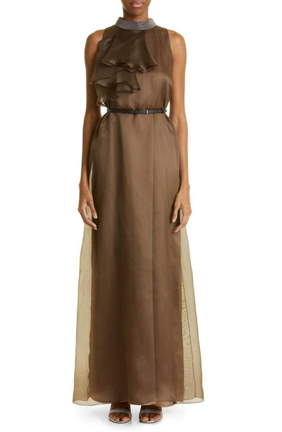 Fabiana Filippi Ruffle-detail Silk Maxi Dress In Brown