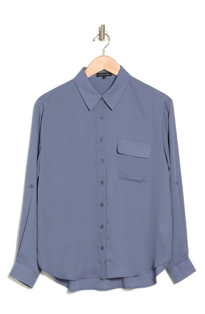 Pleione Solid Long Sleeve Utility Blouse In Dusty Blue