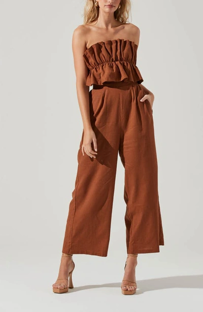 Astr The Label Ruffle Bodice Tie Back Strapless Cotton & Linen Jumpsuit In Brown