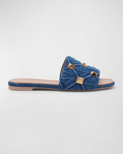 Valentino Garavani Women's Roman Stud Flat Denim Slide Sandals In Blue