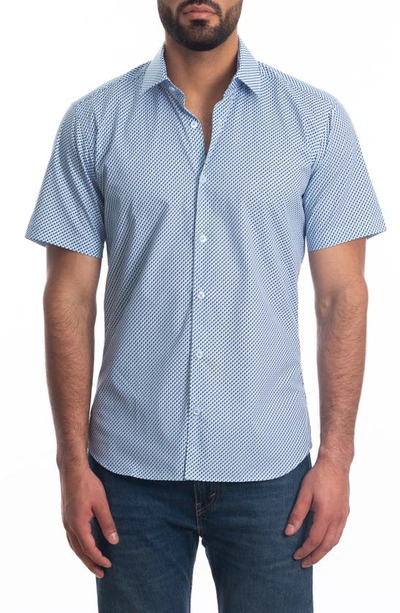 Jared Lang Trim Fit Print Short Sleeve Cotton Button-up Shirt In White N Blue