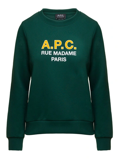 Apc Madame Green Crewneck Sweatshirt With Contrasting Logo Print In Cotton Woman In Black