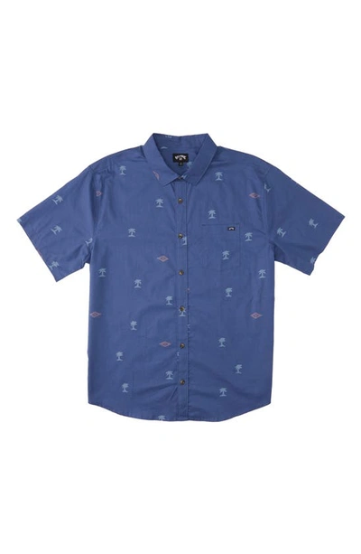 Billabong Sundays Mini Print Short Sleeve Cotton Button-up Shirt In Dusty Blue