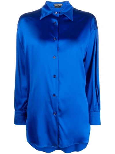 Tom Ford Stretch Silk Satin Relaxed Fit Shirt In Blu