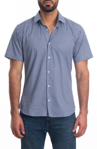 Jared Lang Trim Fit Print Short Sleeve Cotton Button-up Shirt In White Blue
