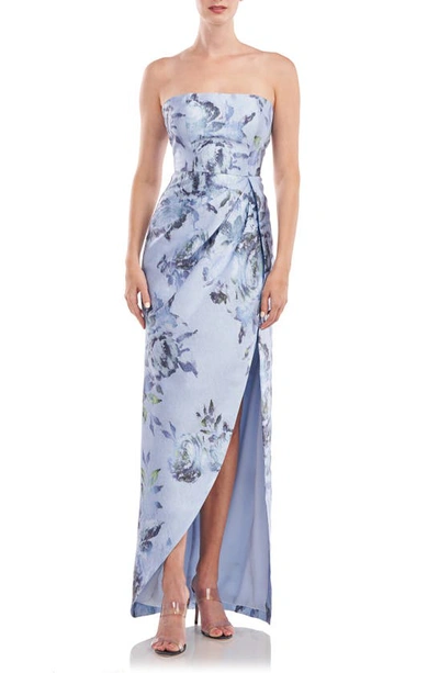 Kay Unger Chic Floral Strapless Column Gown In Blue Dawn Multi