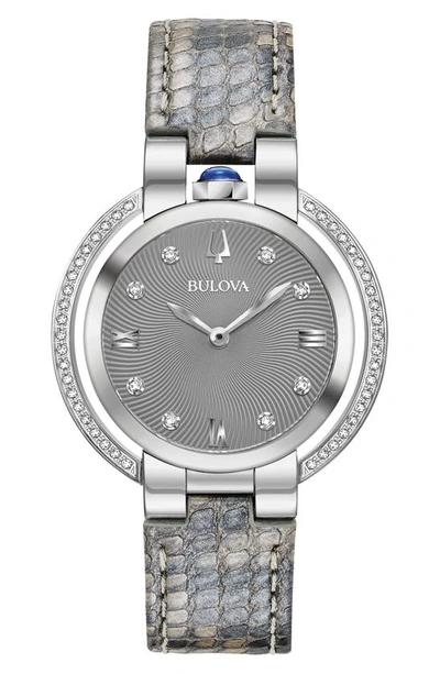Bulova Rubaiyat Snakeskin Embossed Leather Strap Watch, 35mm In Gray