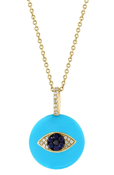 Effy 14k Yellow Gold Turquoise, Sapphire & Diamond Evil Eye Pendant Necklace In Blue