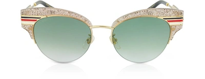 Gucci Sunglasses Gg0283s Cat Eye Beige Glitter Acetate Sunglasses W/sylvie Web Temples In Gold,green