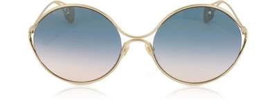 Gucci Designer Sunglasses Gg0253s Round-frame Metal Sunglasses W/gg Pearls In Doré/ Bleu Nuancé