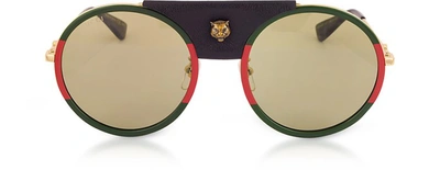 Gucci Gg0061s Round-frame Gold Metal And Black Leather Sunglasses W/sylvie Web Trim In Or/ Vert