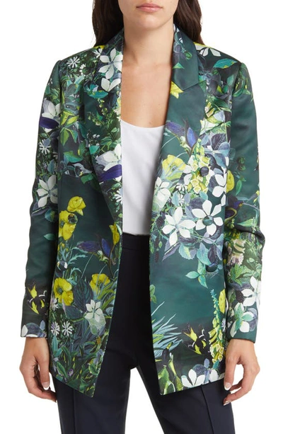 Ted Baker Aikaa Floral Print Double Breasted Blazer In Dark Green