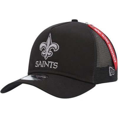 New Era X Alpha Industries Black New Orleans Saints A-frame 9forty Trucker Snapback Hat