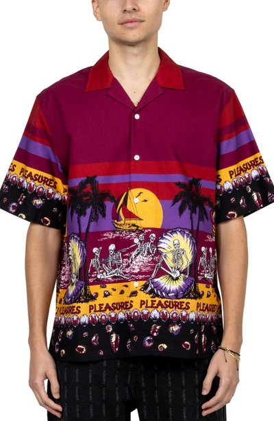 Pleasures Beach Print Short Sleeve Button-up Camp Shirt In Red