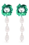 Sterling King Lola Floral Freshwater Pearl Drop Earrings In Emerald