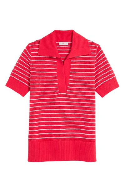 Vineyard Vines Stripe Short Sleeve Crochet Polo Sweater In Lighthouse Red