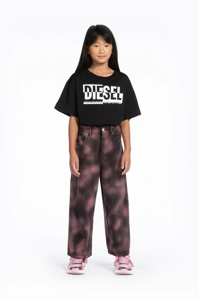 Diesel Kids' Black Denim Pants With Pink Spray Effect In Red