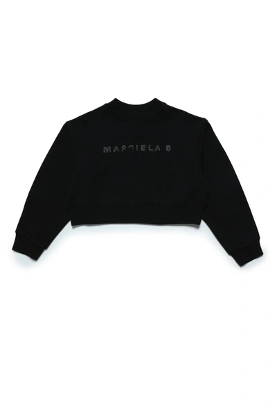 Mm6 Maison Margiela Kids' Cotton Crew-neck Cropped Sweatshirt With Rhinestone Logo In Black