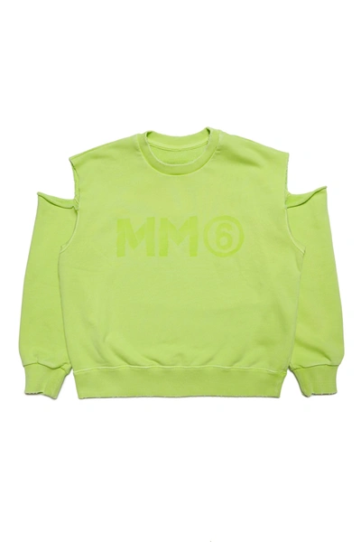Mm6 Maison Margiela Kids' Cotton Crew-neck Sweatshirt With Cut-out Shoulders And Logo In Green