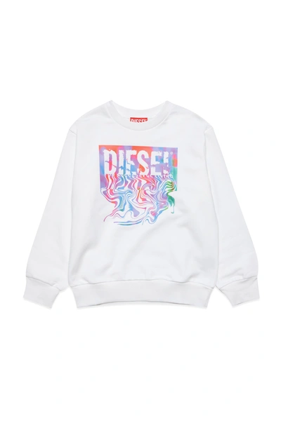 Diesel Kids' Cotton Crew-neck Sweatshirt With Multicolor Logo Fluid Effect In White