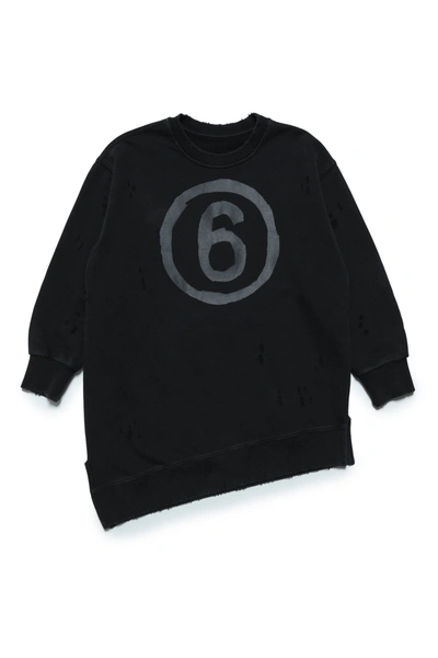 Mm6 Maison Margiela Kids' Cotton Maxi-sweatshirt Dress With Logo And Breaks In Black