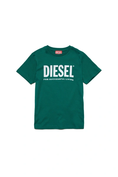 Diesel Kids' Crew-neck Jersey T-shirt With Logo In Green