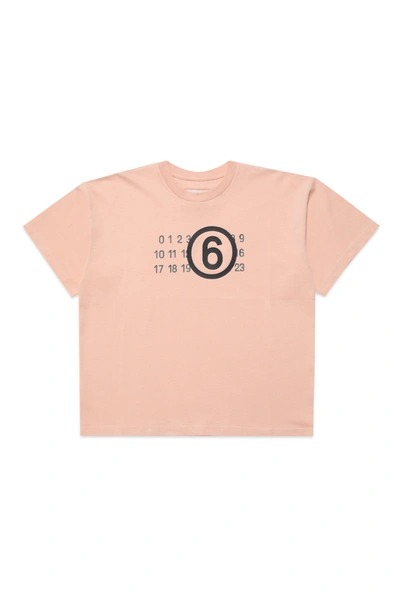 Mm6 Maison Margiela Kids' Crew-neck Jersey T-shirt With Rubberized Logo In Pink
