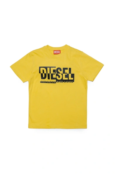 Diesel Kids' Crew-neck Jersey T-shirt With Sectioned Logo In Yellow