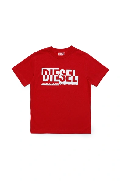 Diesel Kids' Crew-neck Jersey T-shirt With Sectioned Logo In Red