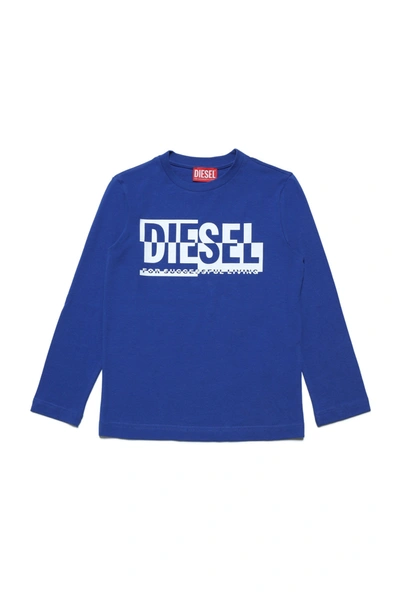 Diesel Kids' Crew-neck Jersey T-shirt With Sectioned Logo In Blue