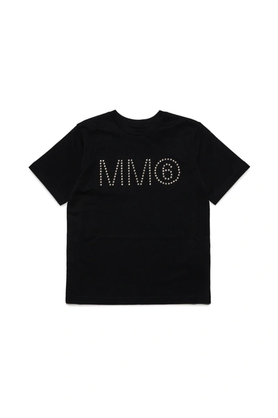 Mm6 Maison Margiela Kids' Crew-neck Jersey T-shirt With Studded Logo In Black