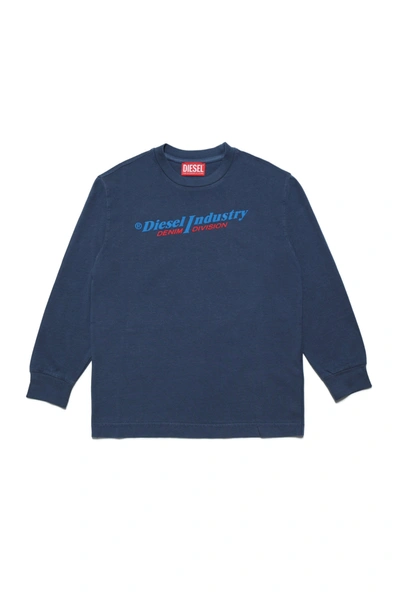 Diesel Kids' Crew-neck Treated Jersey T-shirt With Logo In Blue