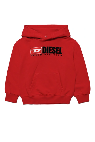 Diesel Kids' Hooded Cotton Sweatshirt With Logo Embroidery In Red