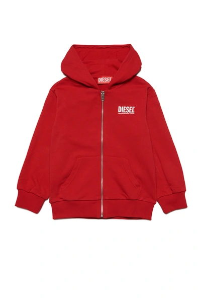 Diesel Kids' Hooded Cotton Sweatshirt With Zip And Logo In Red