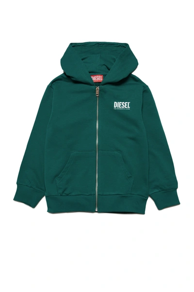 Diesel Kids' Hooded Cotton Sweatshirt With Zip And Logo In Green
