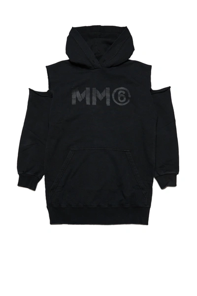 Mm6 Maison Margiela Kids' Hooded Maxi-sweatshirt Dress With Cut-out Shoulders In Black