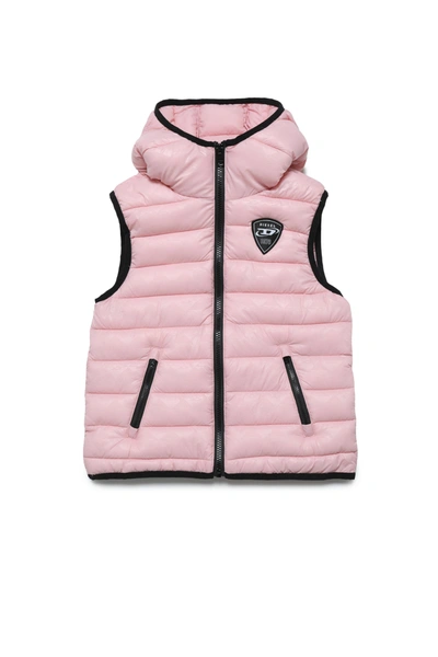 Diesel Kids' Hooded Sleeveless Padded Jacket With Allover Monogram Print In Pink