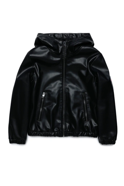 Diesel Kids' Hooded Synthetic Leather Jacket In Black
