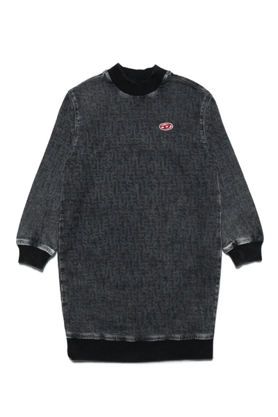Diesel Kids' Joggjeans® Maxi-sweatshirt Dress With Allover Monogram And Logo In Black